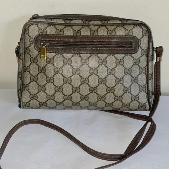Vintage 1980's GUCCI Brown GG Top Zipper Crossbody Bag - Picture 1 of 13
